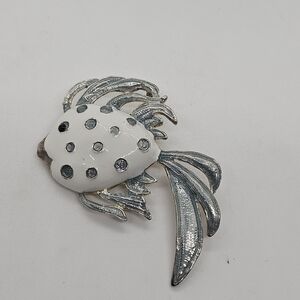 silver tone white fish pendant pin brooch signed MJ